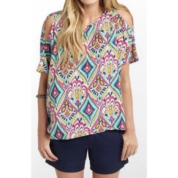 Lilly Pulitzer L Large Silk Trace Top Crown Jewels Cold Shoulder 42783 Classic - Picture 1 of 14